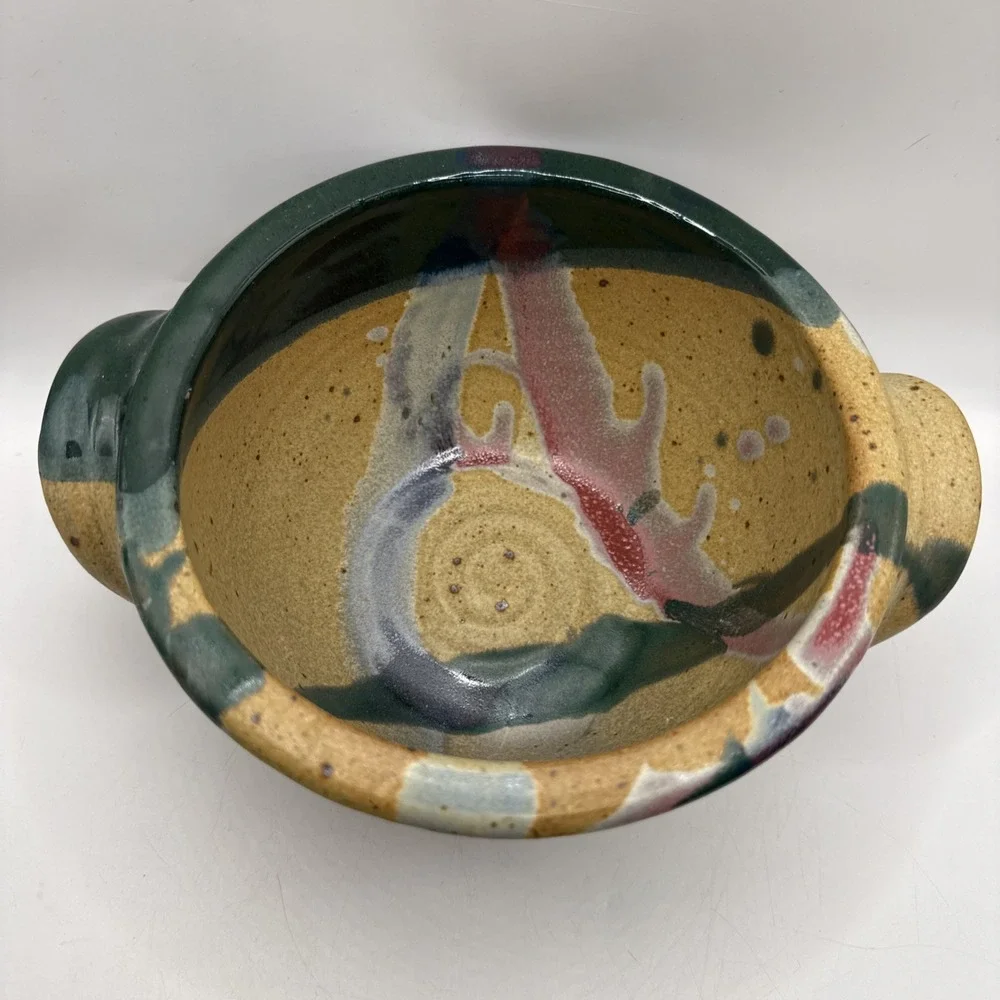 Ayers Pottery  Bread Baker Drip Glaze Handles Artist Signed 2013 4x7
